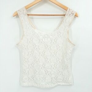 Vintage Y2K Lace Tank Top Womens‎ XL Cream Floral Sheer Romantic Grunge Stretchy